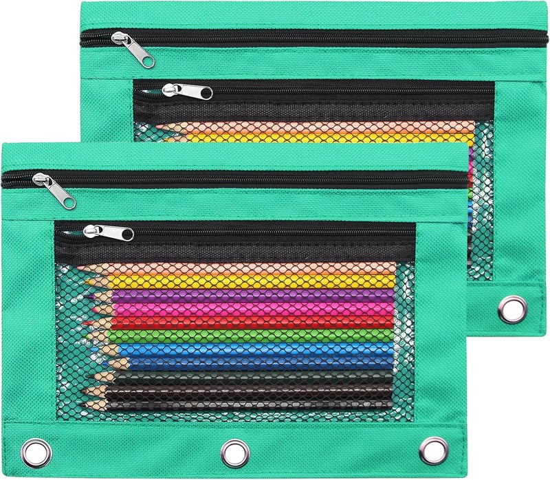 Cinvo Pencil Pouch for 3 Ring Binders Zippered Pencil Case Canvas Pencil Bag with 2 Compartments (Set of 2, Pastel Green) - Image 1